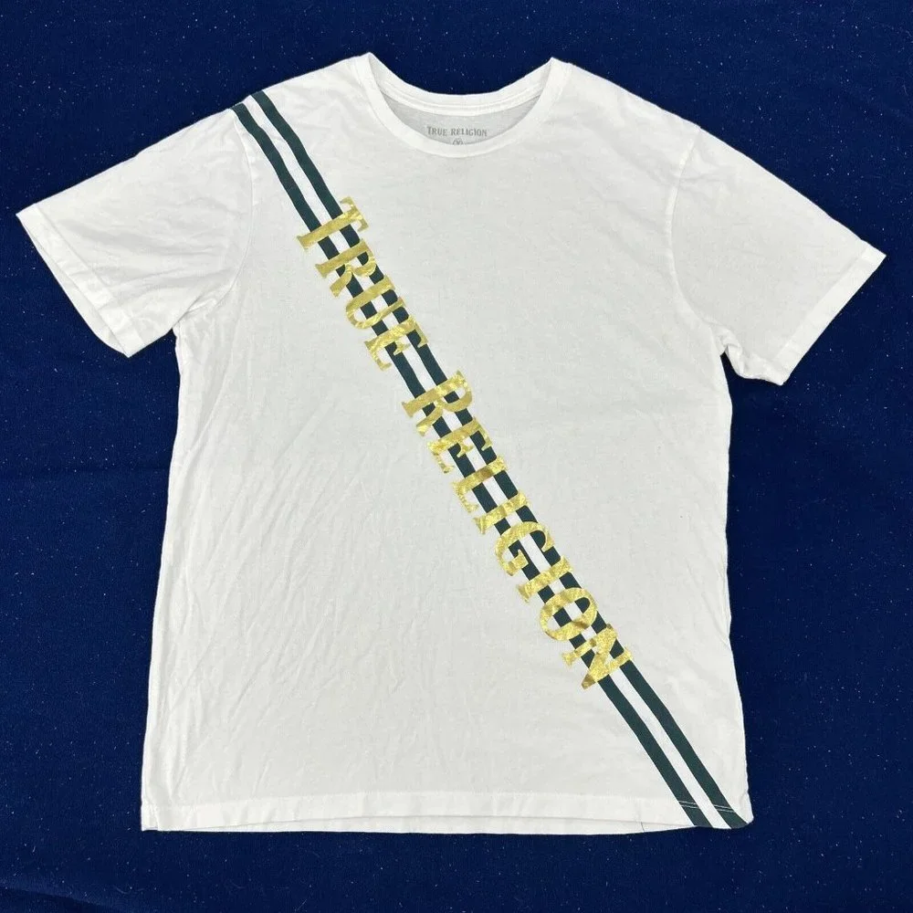 True Religion Shirt Men's M White Crew Neck Tee Gold Foil‎ Logo Graphic